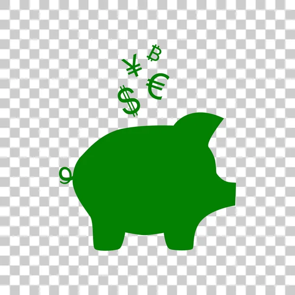 Piggy bank teken met de valuta's. Donker groen pictogram op transparante achtergrond. — Stockvector