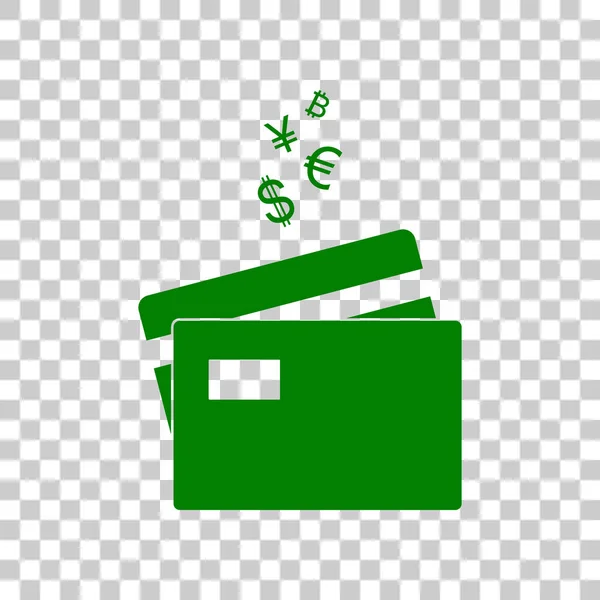 Kreditní karty se symboly měny. Tmavě zelená ikona na průhledném pozadí. — Stockový vektor