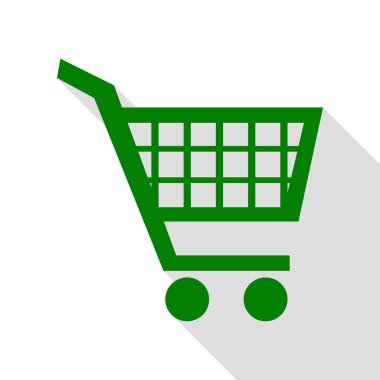 Alışveriş sepeti işareti. Yeşil simge düz stil gölge yolu ile.