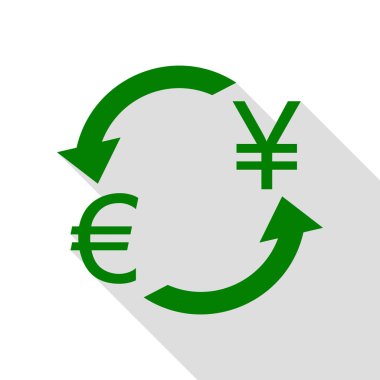 Döviz Alım Satım işareti. Avrupa ve Japonya Yen. Yeşil simge düz stil gölge yolu ile.