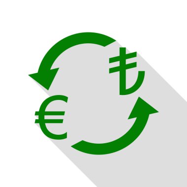 Döviz Alım Satım işareti. Euro ve Türkiye Lirası. Yeşil simge düz stil gölge yolu ile.