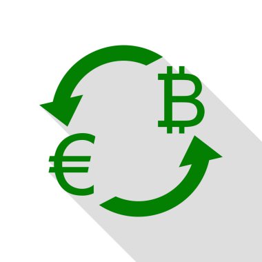 Döviz Alım Satım işareti. Euro ve Bitkoin. Yeşil simge düz stil gölge yolu ile.