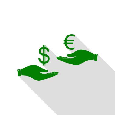 El el üzerinden Döviz Alım Satım. Dolar ve Euro. Yeşil simge düz stil gölge yolu ile.