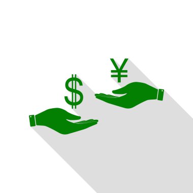 El el üzerinden Döviz Alım Satım. Dolar ve Yen. Yeşil simge düz stil gölge yolu ile.