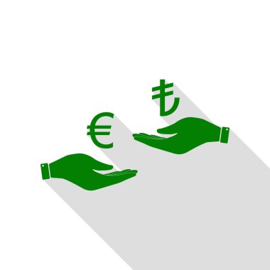 El el üzerinden Döviz Alım Satım. Euro ve Lirası. Yeşil simge düz stil gölge yolu ile.