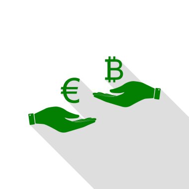 El el üzerinden Döviz Alım Satım. Euro Bitcoin bir. Yeşil simge düz stil gölge yolu ile.