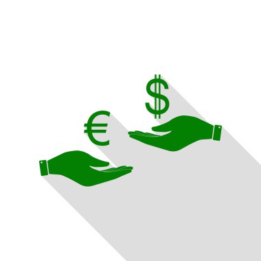 El el üzerinden Döviz Alım Satım. Euro ve dolar. Yeşil simge düz stil gölge yolu ile.
