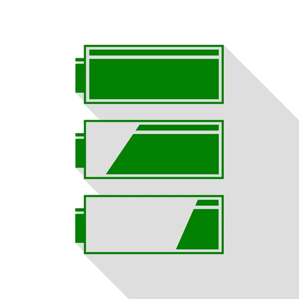 Set of battery charge level indicators. Green icon with flat style shadow path. — Stock Vector