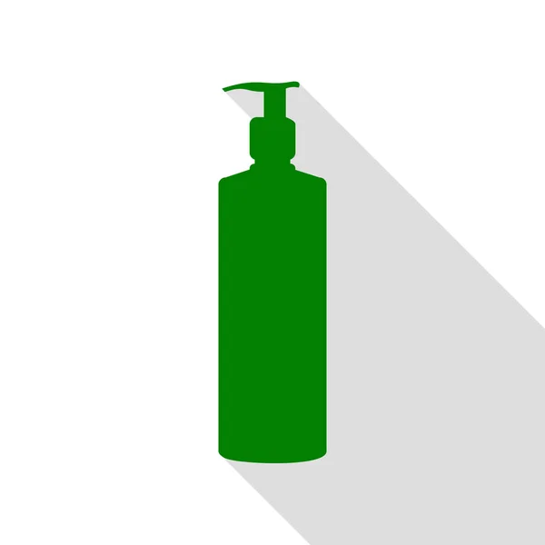 Gel, schiuma o sapone liquido. Dispenser pompa bottiglia di plastica silhouette. Icona verde con percorso ombra in stile piatto . — Vettoriale Stock