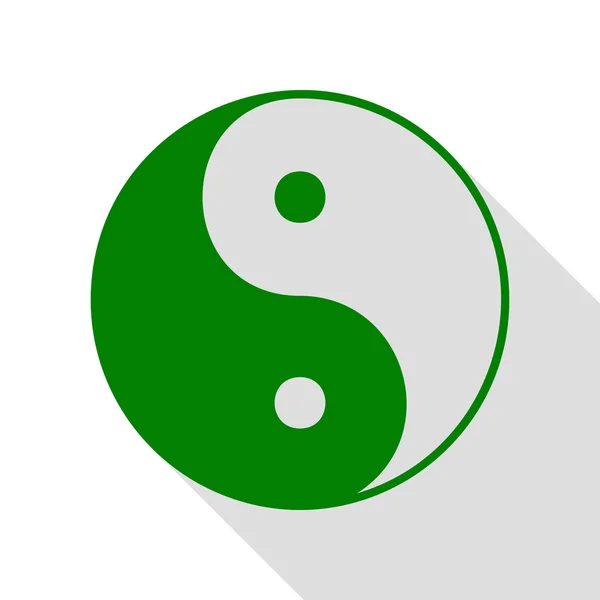 Ying Yang símbolo de armonía y equilibrio. Icono verde con camino de sombra de estilo plano . — Vector de stock
