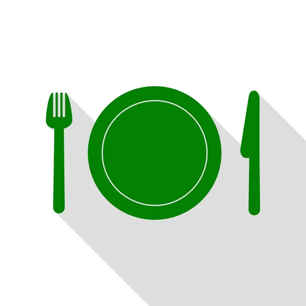 Πιρούνι, πιάτο και μαχαίρι. Πράσινο εικονίδιο με επίπεδη στυλ σκιάς διαδρομή. — Διανυσματικό Αρχείο