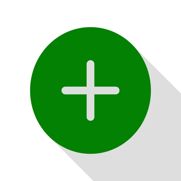 Simbolo positivo più segno. Icona verde con percorso ombra in stile piatto . — Vettoriale Stock