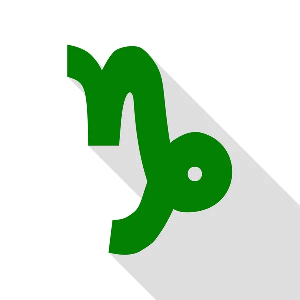 Ilustrasi tanda Capricorn. Ikon hijau dengan tapak bayangan gaya datar . - Stok Vektor