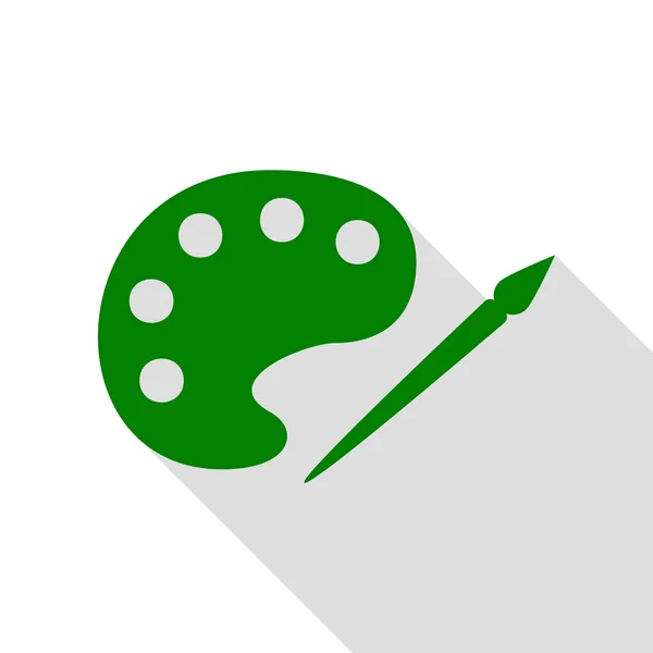 Palette et pinceau signe. Icône verte avec chemin d'ombre de style plat . — Image vectorielle