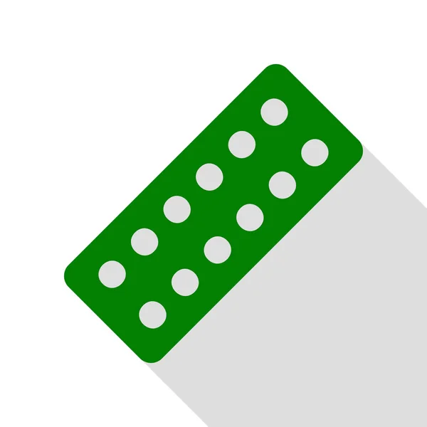 Le pillole mediche firmano. Icona verde con percorso ombra in stile piatto . — Vettoriale Stock