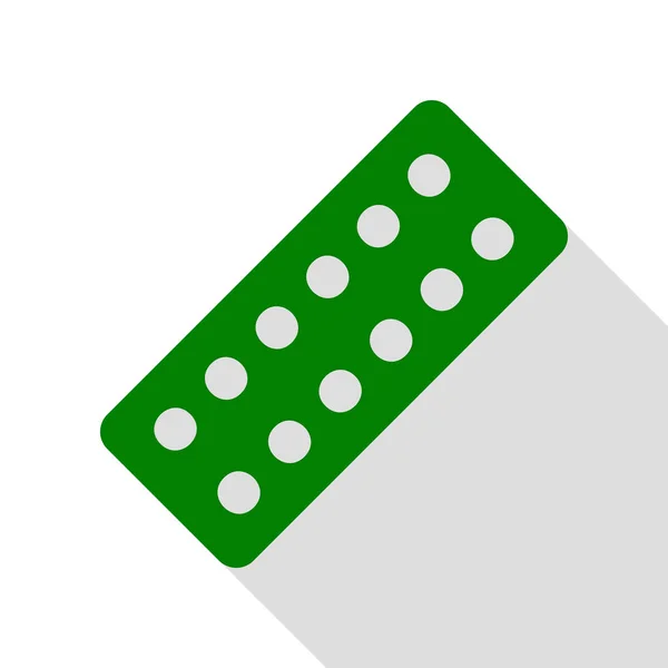 Medische pillen ondertekenen. Groen pictogram met vlakke stijl schaduw pad. — Stockvector