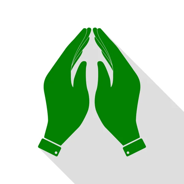 Ilustração do ícone da mão. Símbolo de oração. Ícone verde com estilo plano sombra caminho . —  Vetores de Stock