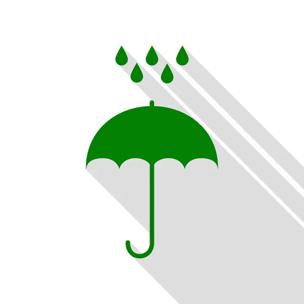 Umbrella with water drops. Rain protection symbol. Flat design style. Green icon with flat style shadow path. — Stock Vector