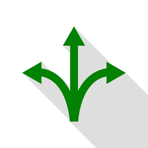 Drei-Wege-Richtungspfeil. grünes Symbol mit flachem Schattenpfad. — Stockvektor