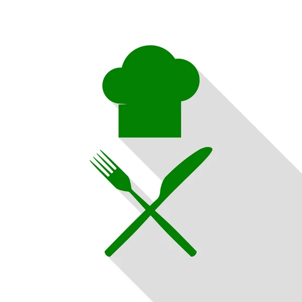Chef avec couteau et fourchette signe. Icône verte avec chemin d'ombre de style plat . — Image vectorielle