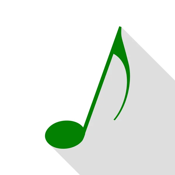 Signo de nota musical. Icono verde con camino de sombra de estilo plano . — Vector de stock