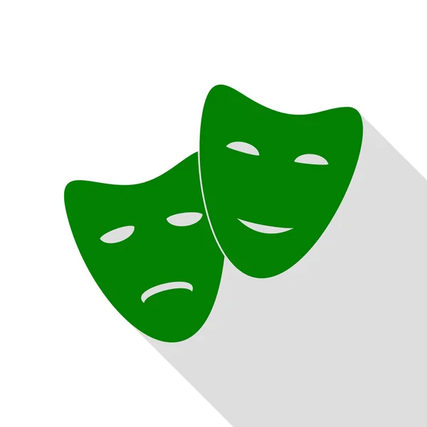 Theater pictogram met blij en verdrietig maskers. Groen pictogram met vlakke stijl schaduw pad. — Stockvector