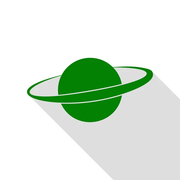 Planète dans l'espace. Icône verte avec chemin d'ombre de style plat . — Image vectorielle