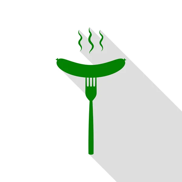 Salchicha con tenedor. Icono verde con camino de sombra de estilo plano . — Vector de stock