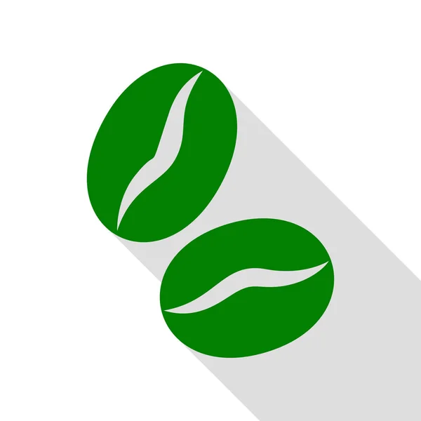 Kaffeebohnen-Zeichen. grünes Symbol mit flachem Schattenpfad. — Stockvektor