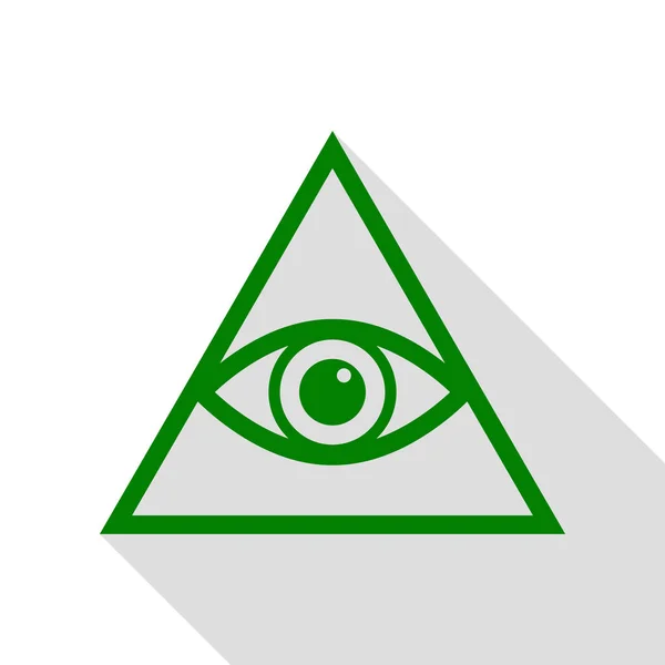 Tous voyant le symbole de la pyramide des yeux. Franc-maçon et spirituel. Icône verte avec chemin d'ombre de style plat . — Image vectorielle