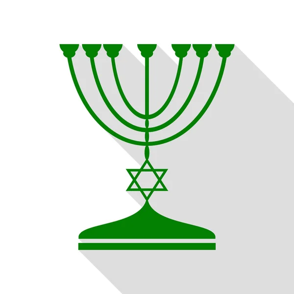 Candelero judío Menorah en silueta negra. Icono verde con camino de sombra de estilo plano . — Vector de stock