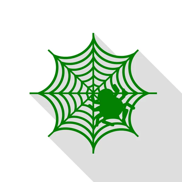 Spider on web illustration Icono verde con camino de sombra de estilo plano . — Archivo Imágenes Vectoriales