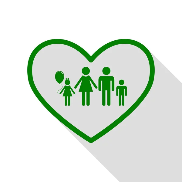 Family sign illustration in heart shape. Green icon with flat style shadow path. — Stock Vector