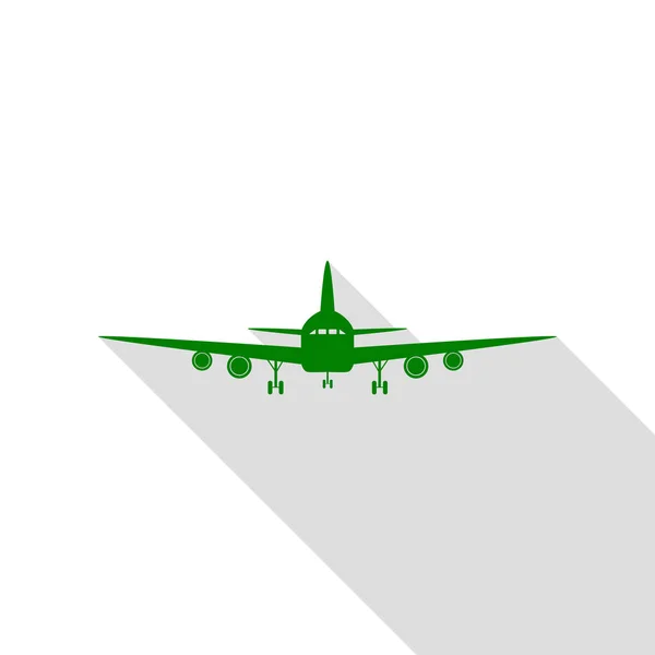 플 라 잉 비행기 부호입니다. 전면 보기 평면 스타일 그림자 경로와 녹색 아이콘. — 스톡 벡터