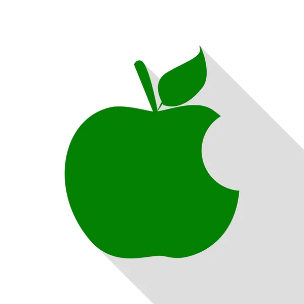 Muerde el signo de manzana. Icono verde con camino de sombra de estilo plano . — Vector de stock