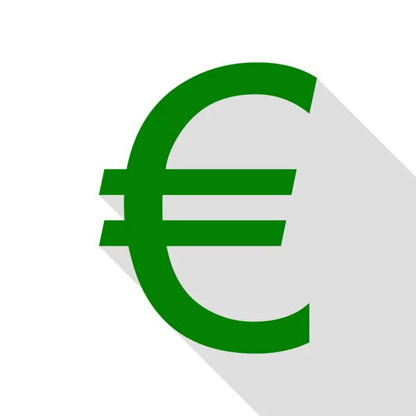 Signo euro. Icono verde con camino de sombra de estilo plano . — Vector de stock