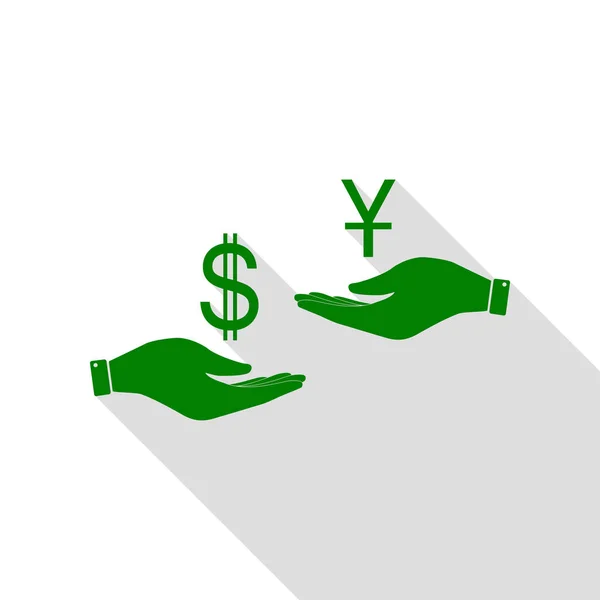 Currency exchange from hand to hand. Dollar and Yuan. Green icon with flat style shadow path. — Stock Vector