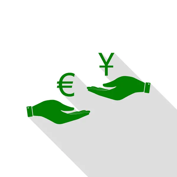 Currency exchange from hand to hand. Euro and Yuan. Green icon with flat style shadow path. — Stock Vector