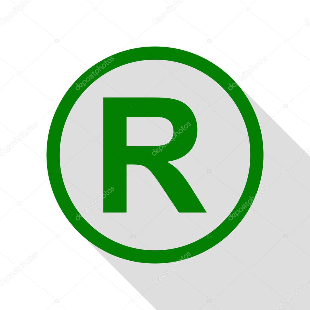 Registered Trademark sign. Green icon with flat style shadow path.