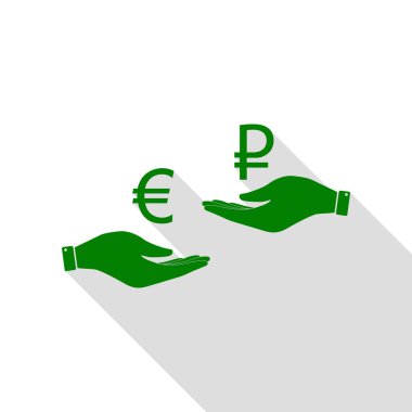 El el üzerinden Döviz Alım Satım. Euro ve Rublesi. Yeşil simge düz stil gölge yolu ile.