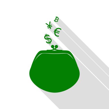 M-cüzdan para birimi simgelerini işaretiyle. Yeşil simge düz stil gölge yolu ile.