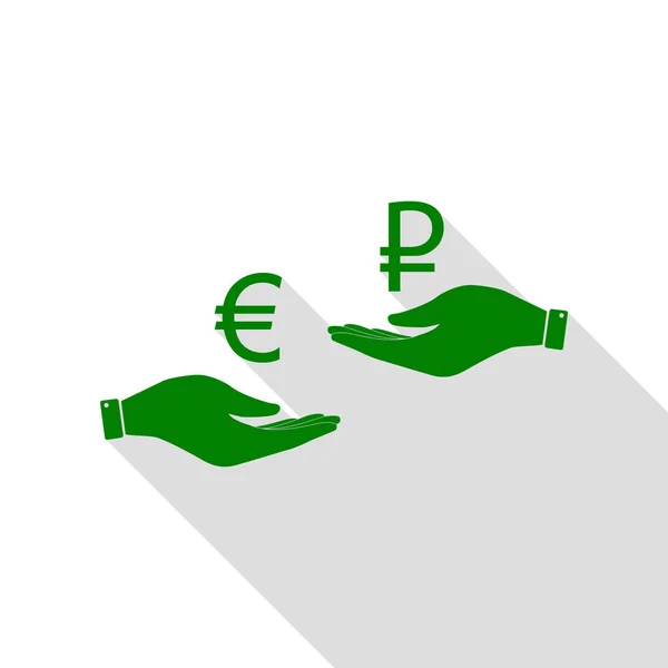 Cambio de moneda de mano en mano. Euro y Rublo. Icono verde con camino de sombra de estilo plano . — Vector de stock