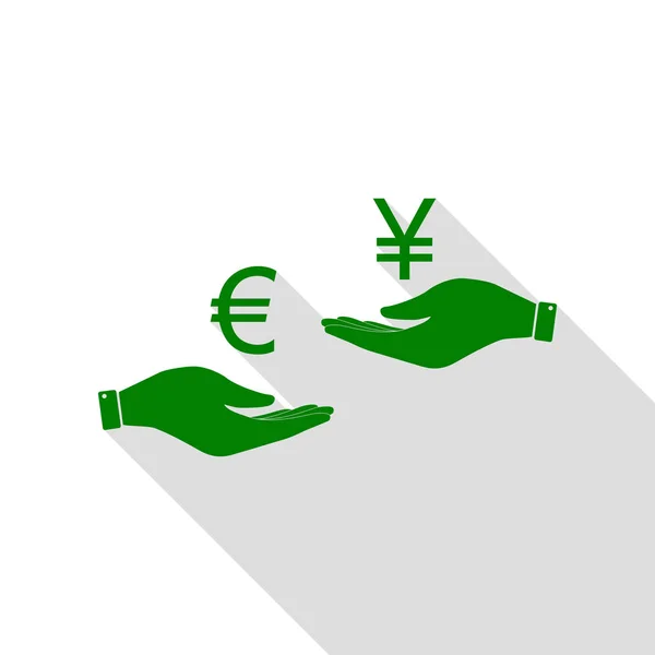 Currency exchange from hand to hand. Euro and Yen. Green icon with flat style shadow path. — Stock Vector