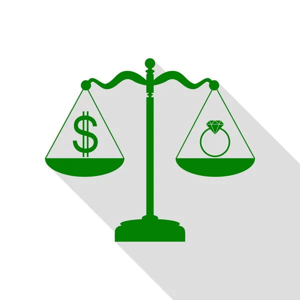 Ring-Schmuck und Dollar-Symbol auf einer Waage. grünes Symbol mit flachem Schattenpfad. — Stockvektor