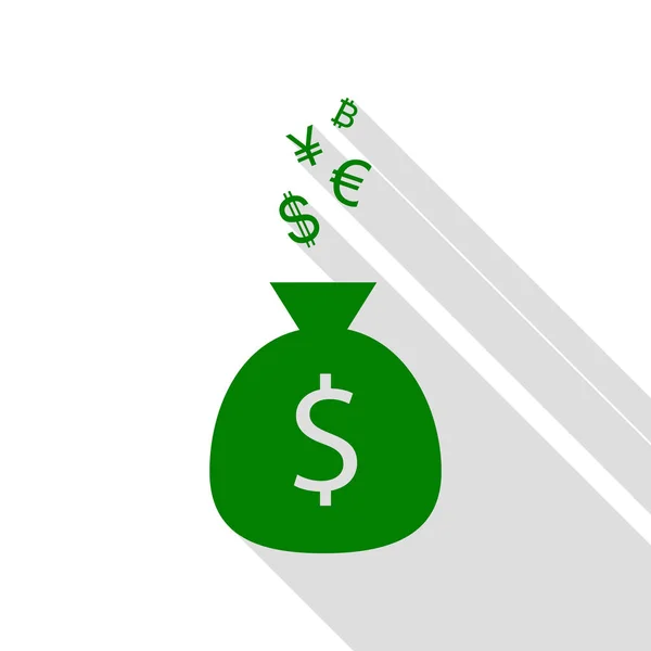 Знак мішок грошей з символи грошових одиниць. Зелену піктограму з плоскою стиль тіні шлях. — стоковий вектор
