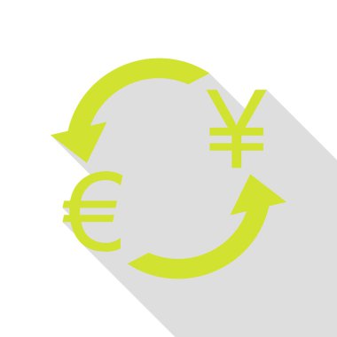 Döviz Alım Satım işareti. Avrupa ve Japonya Yen. Düz stil gölge yolu ile armut simgesi.