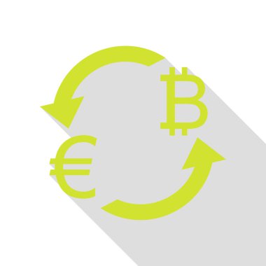 Döviz Alım Satım işareti. Euro ve Bitkoin. Düz stil gölge yolu ile armut simgesi.