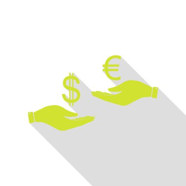 El el üzerinden Döviz Alım Satım. Dolar ve Euro. Düz stil gölge yolu ile armut simgesi.