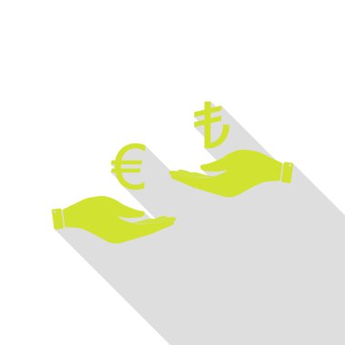 El el üzerinden Döviz Alım Satım. Euro ve Lirası. Düz stil gölge yolu ile armut simgesi.