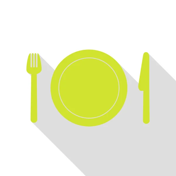 Forchetta, piatto e coltello. Icona a pera con percorso ombra in stile piatto . — Vettoriale Stock